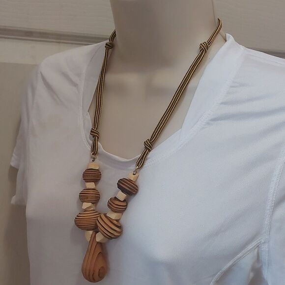 Chunky Wooden Beads Cord Statement Necklace Exotic Tribal Boho - Picture 4 of 5